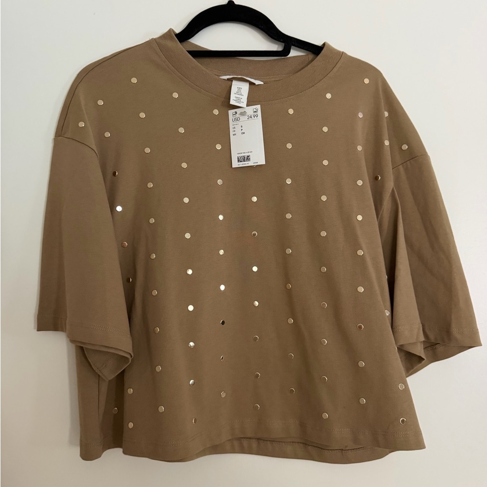 H&M Boxy Short-Sleeve Sequin Tee - Tan